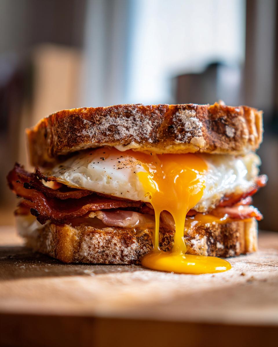 Nahaufnahme eines Bauern-Sandwich mit Ei und Speck, bei dem das Eigelb auf das knusprige Brot tropft.