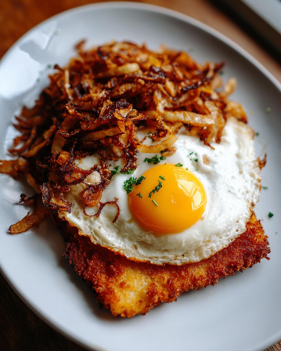 Ein goldbraunes Bauern-Schnitzel mit einem perfekt gebratenen Spiegelei und knusprigen Röstzwiebeln.