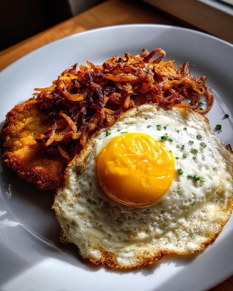 Ein goldbraunes Bauern-Schnitzel mit Spiegelei und knusprigen Röstzwiebeln auf einem weißen Teller.