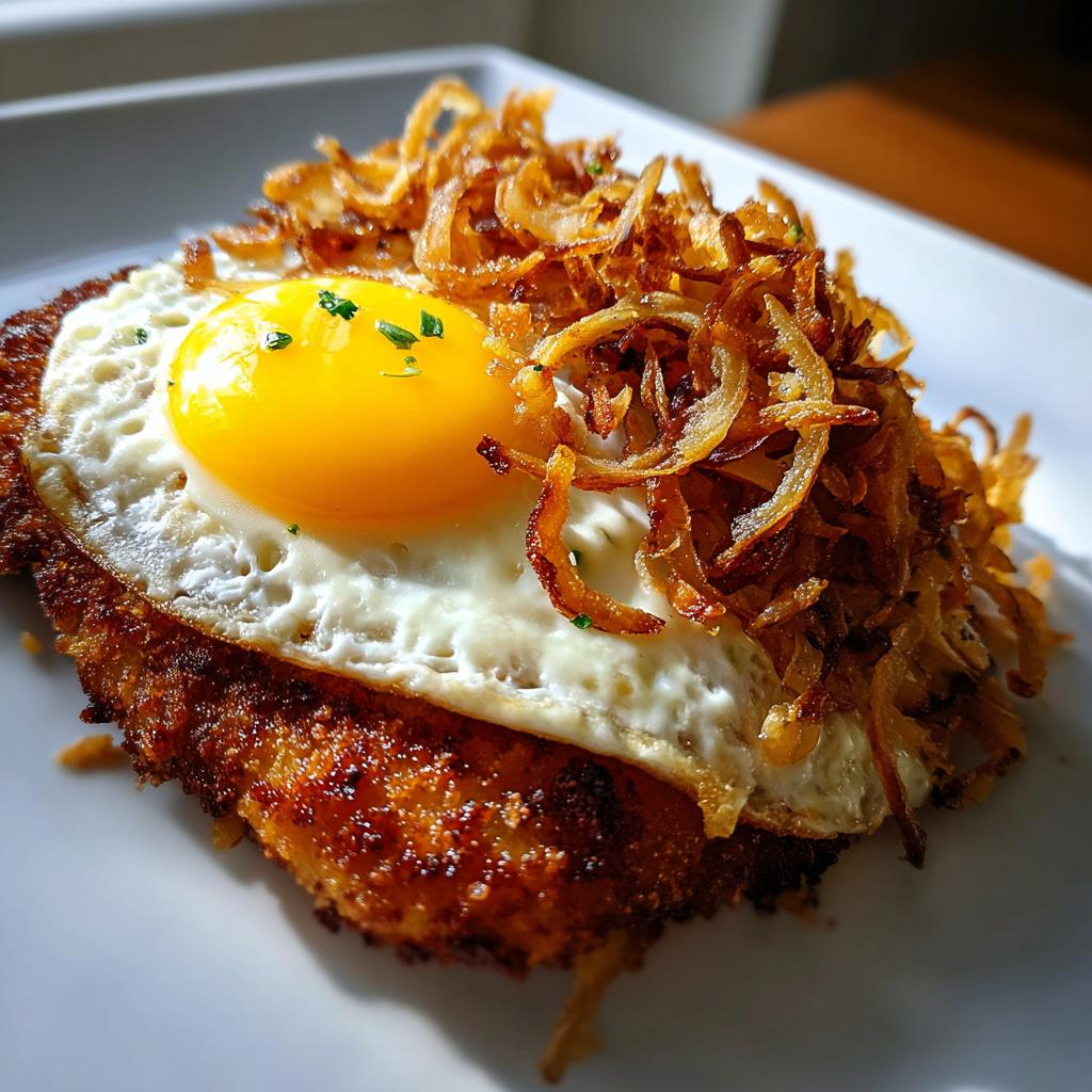 Nahaufnahme eines knusprigen Bauern-Schnitzels mit einem Spiegelei und vielen goldbraunen Röstzwiebeln.