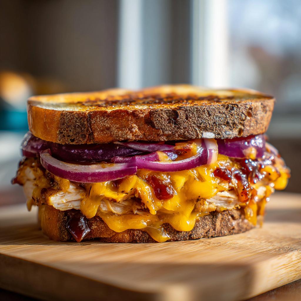Nahaufnahme eines saftigen BBQ-Hähnchen-Sandwichs mit geschmolzenem Cheddar und roten Zwiebelringen auf geröstetem Brot.