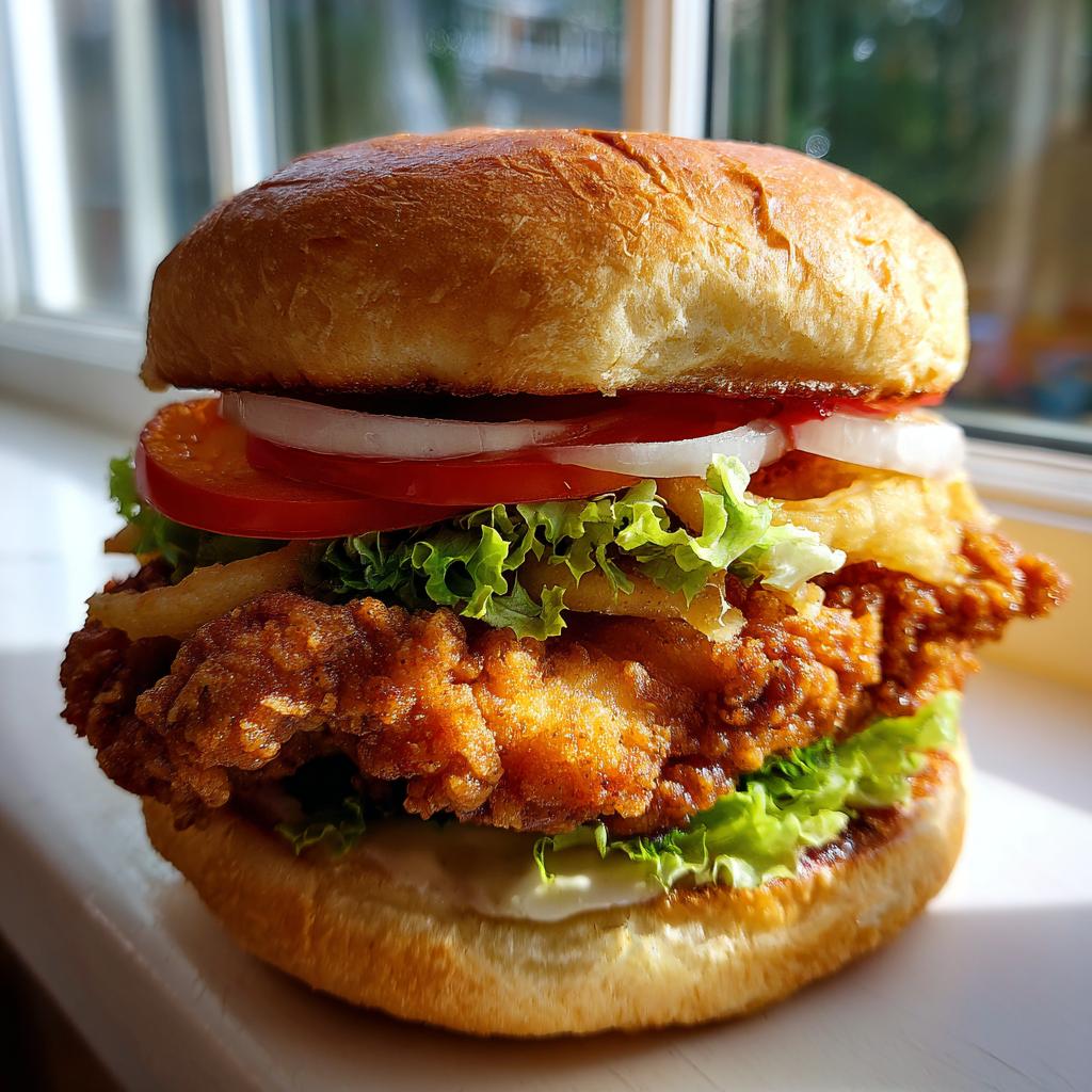 Nahaufnahme eines saftigen Crispy Chicken Burger mit knusprigem Hähnchen, Salat, Tomate und Zwiebelringen.