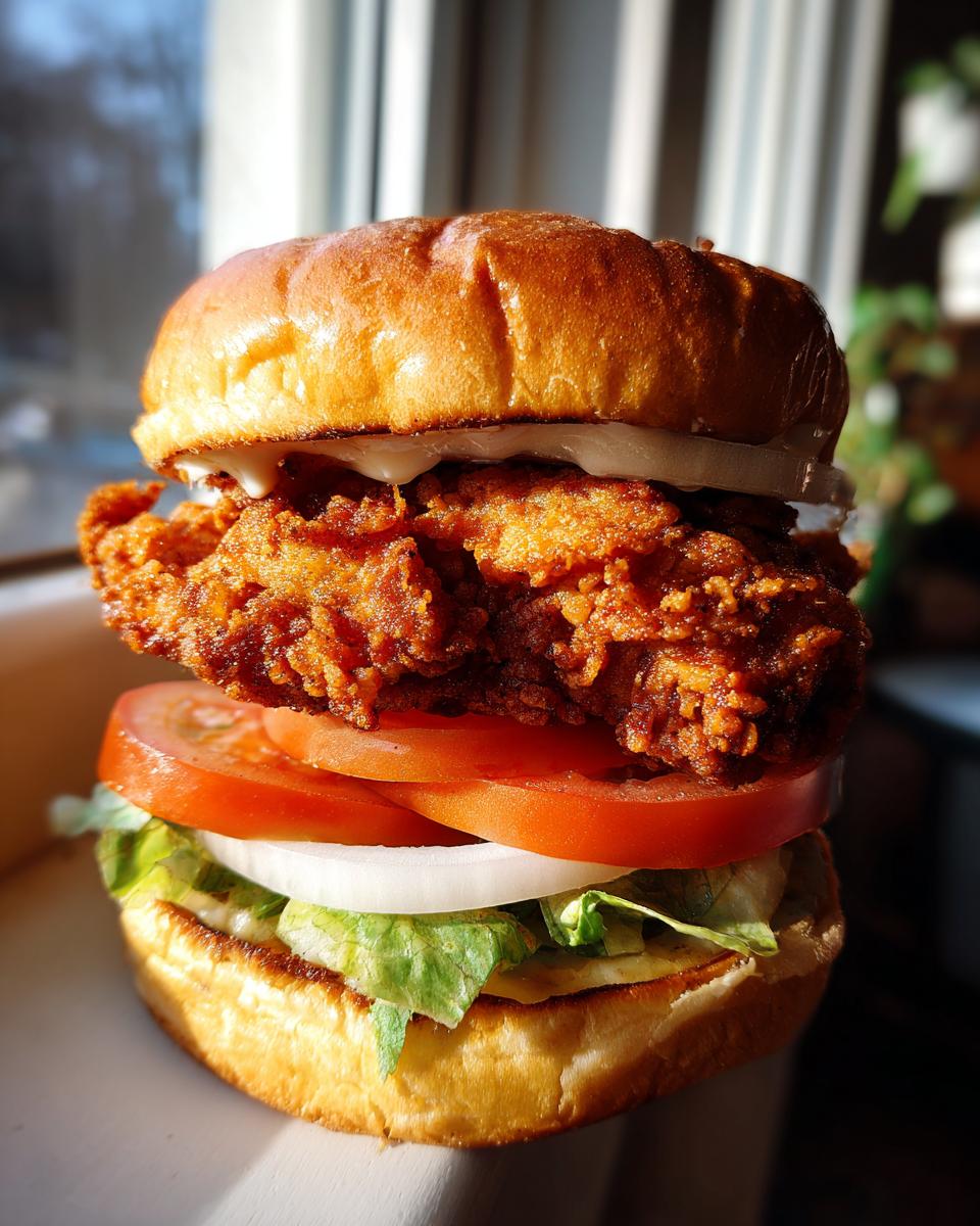 Nahaufnahme eines saftigen Crispy Chicken Burger mit knusprigem Hähnchen, Tomate und Zwiebel.
