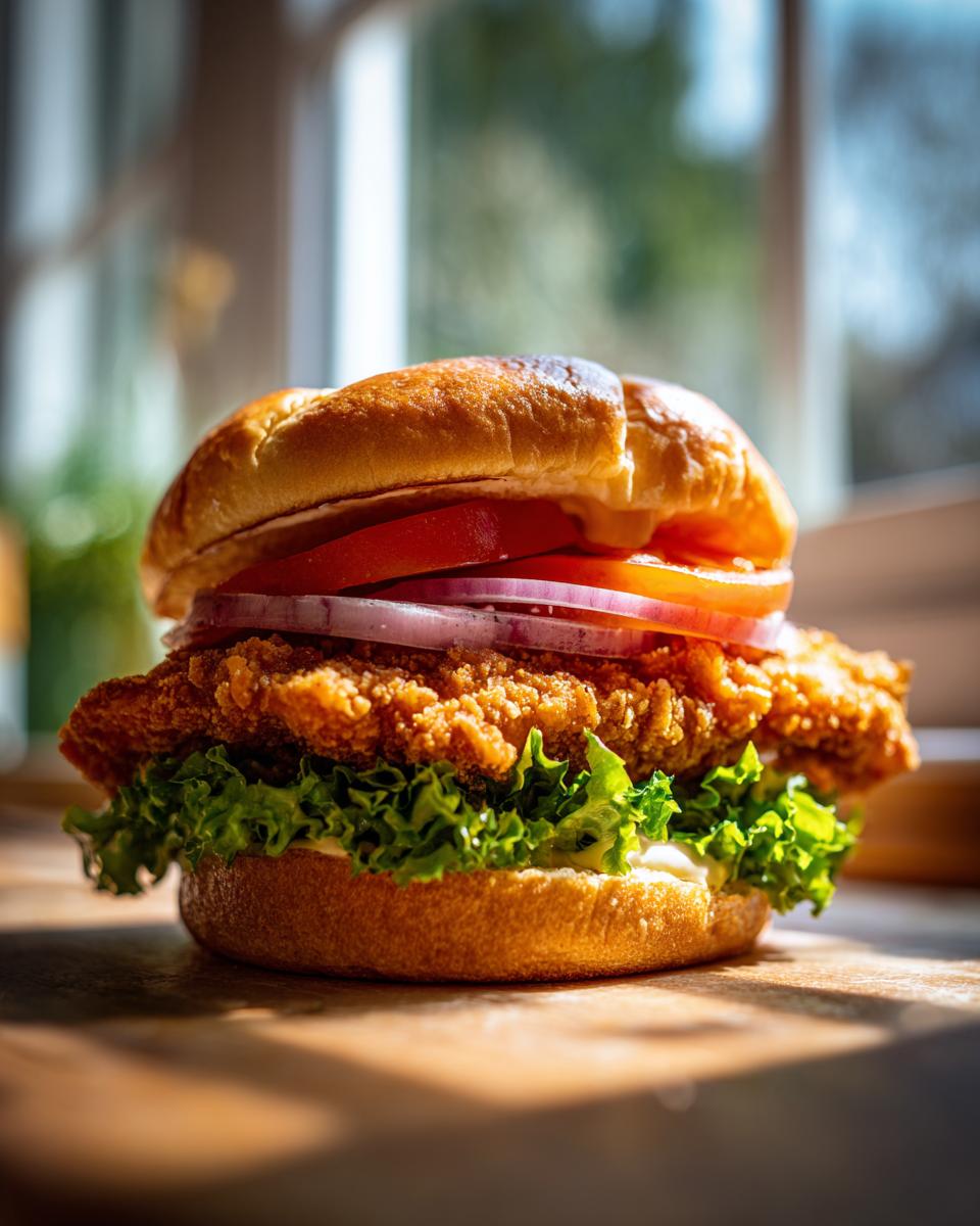 Nahaufnahme eines saftigen Crispy Chicken Burger mit knusprigem Hähnchen, Salat, Tomaten und Zwiebeln auf einem Holzbrett.