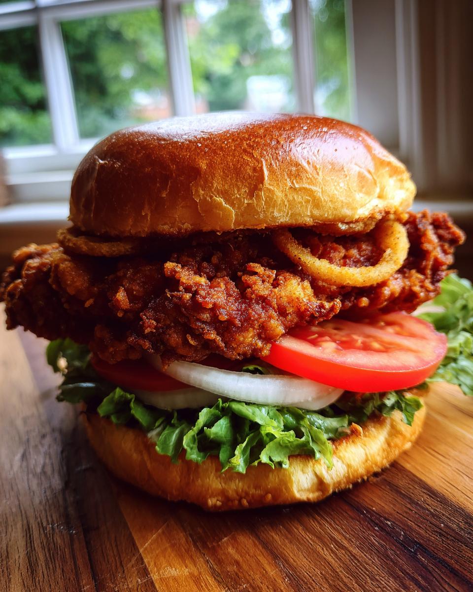 Nahaufnahme eines üppigen Crispy Chicken Burger mit knusprigem Hähnchen, Zwiebelringen, Tomate und Salat auf einem Holzbrett.