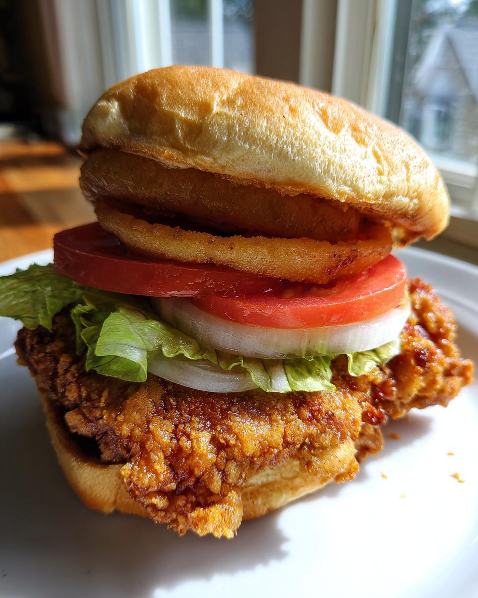 Nahaufnahme eines saftigen Crispy Chicken Burger mit knusprigem Hähnchen, Tomate, Zwiebel und Zwiebelringen.