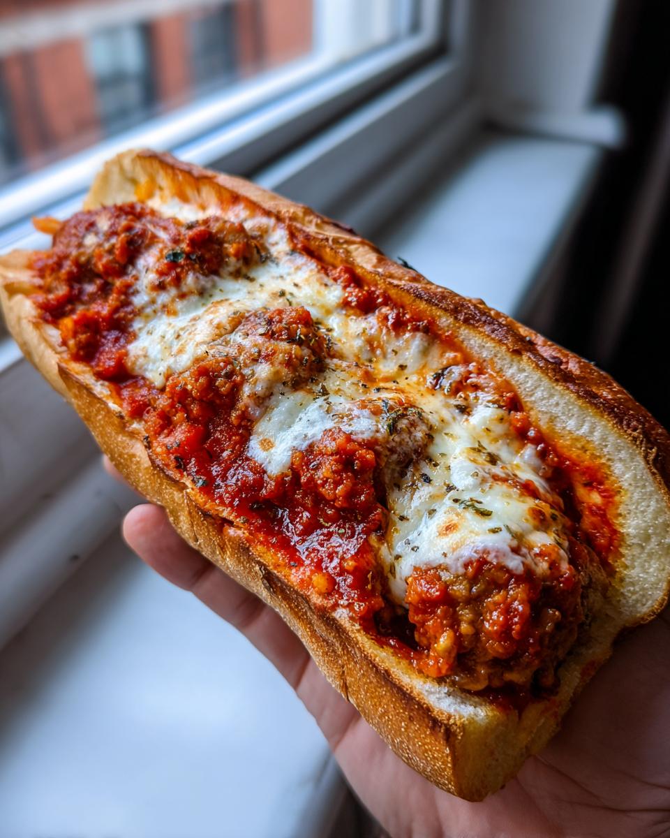 Nahaufnahme eines saftigen Hackbällchen-Subs, gefüllt mit Fleischbällchen, Tomatensauce und geschmolzenem Käse.