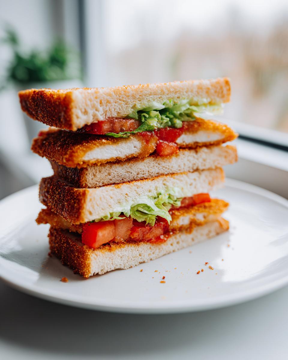 Ein hoch gestapeltes Schnitzel-Sandwich, aufgeschnitten und mit Salat und Tomaten, bereit zum Genuss.