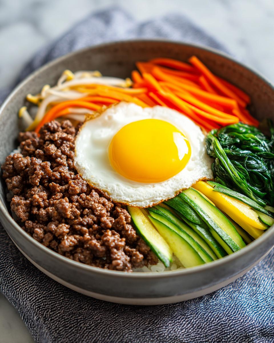 Nahaufnahme einer Schüssel Bibimbap mit Reis, Hackfleisch, Julienne-Karotten, Spinat, Zucchini und einem Spiegelei.