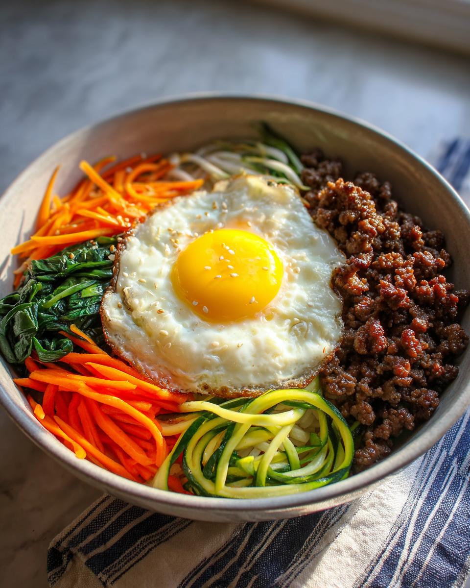 Nahaufnahme eines bunten Bibimbap mit gebratenem Hackfleisch, Karottenstreifen, Zucchini und einem Spiegelei in der Mitte.