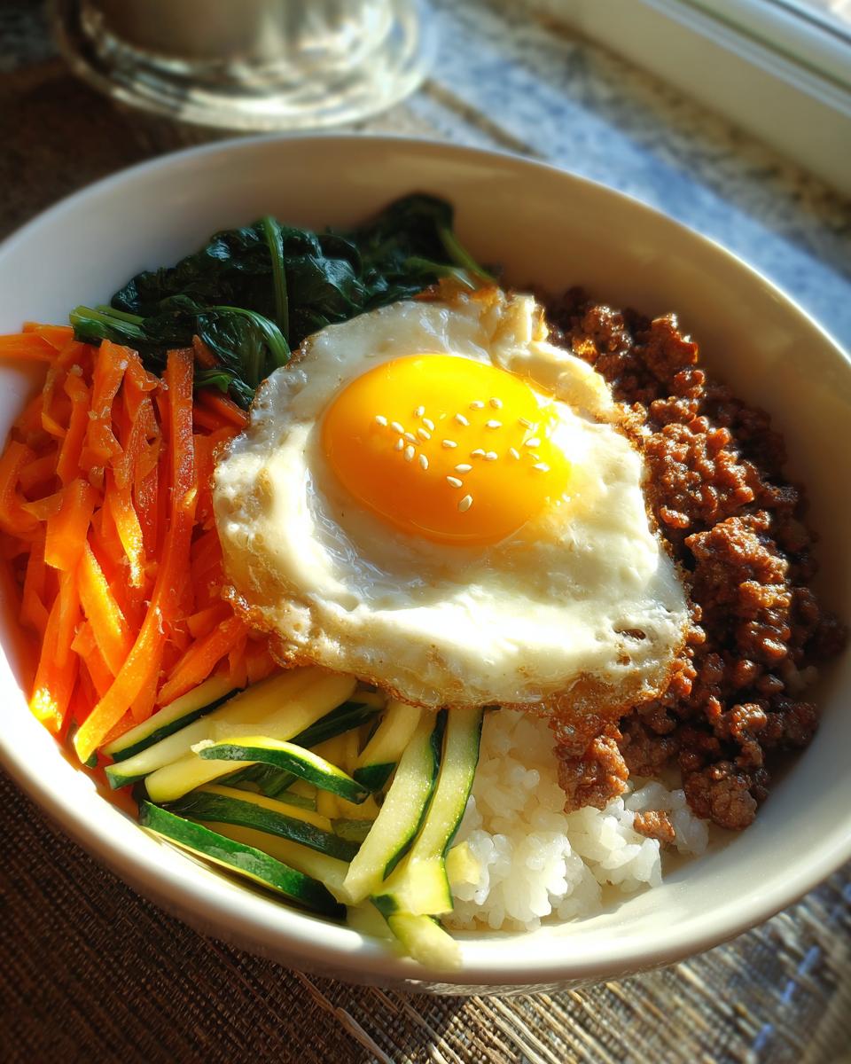 Nahaufnahme eines köstlichen Bibimbap mit Reis, Hackfleisch, Julienne-Karotten, Zucchini, Spinat und einem Spiegelei.