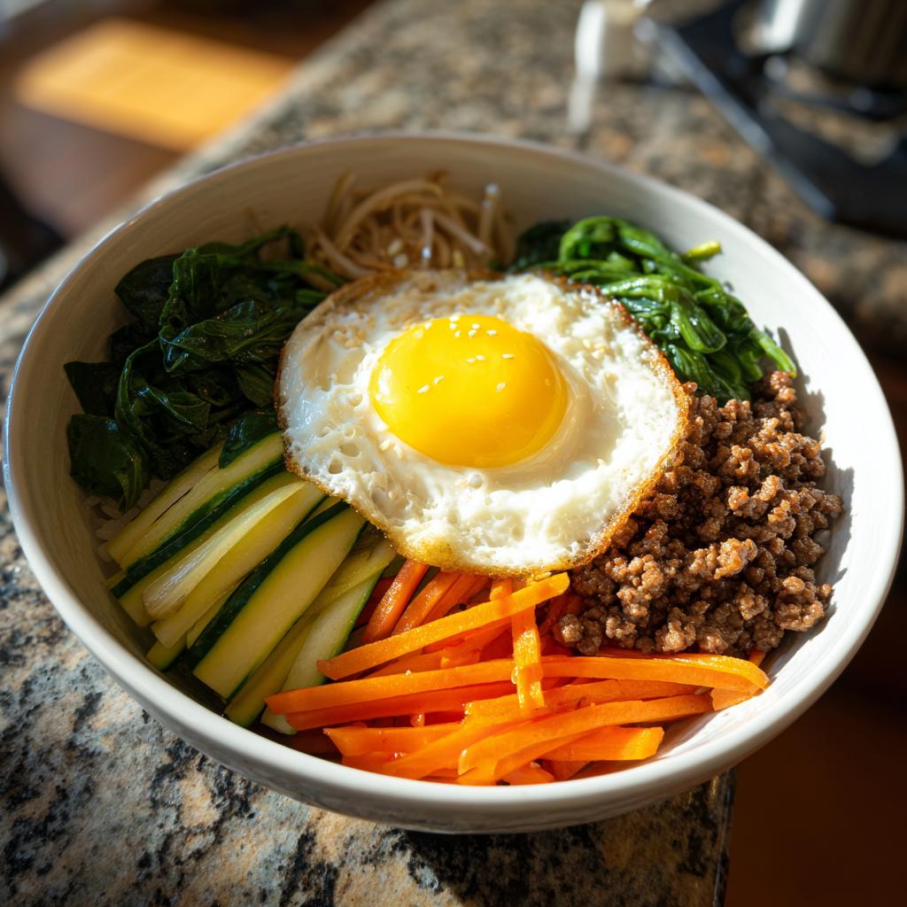 Nahaufnahme einer Schüssel mit leckerem Bibimbap, belegt mit Spiegelei, Hackfleisch und bunten Gemüsebeilagen.