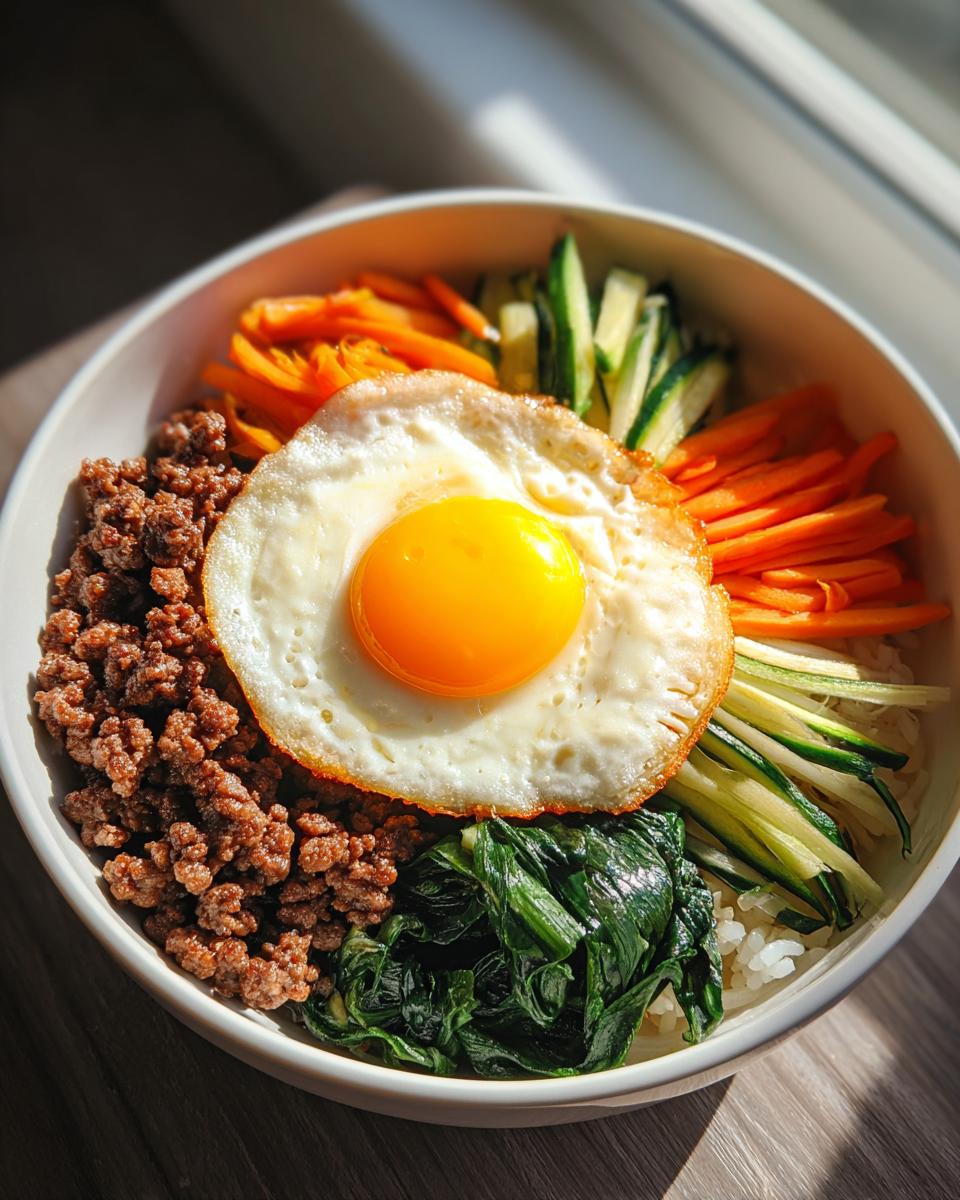 Nahaufnahme einer Schüssel Bibimbap mit Reis, gebratenem Hackfleisch, Spinat, Karottenstreifen, Zucchini und einem Spiegelei in der Mitte.