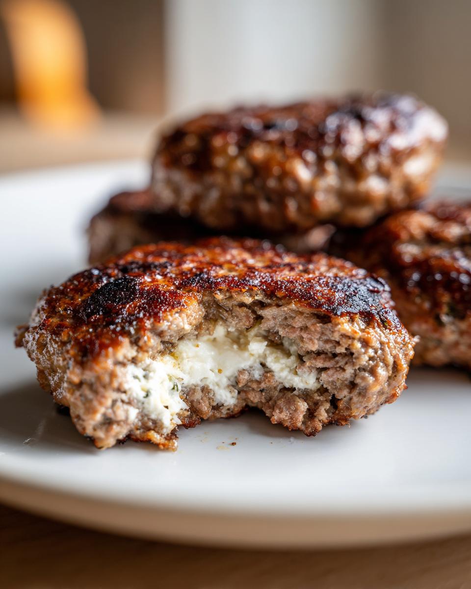 Ein angeschnittenes Bifteki mit Feta-Füllung zeigt die saftige Füllung und die knusprige Kruste.