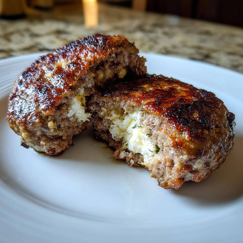 Nahaufnahme von saftigem Bifteki mit Feta-Füllung, das in der Mitte durchgeschnitten ist und eine goldbraune Kruste zeigt.