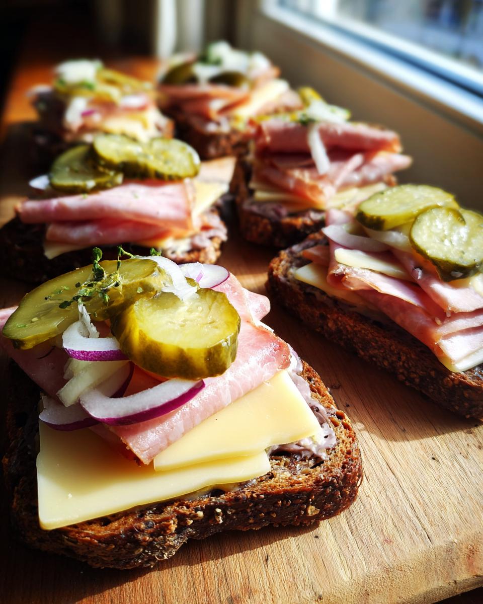 Mehrere belegte Brotscheiben für eine schnelle Brettljause mit Schinken, Käse, roten Zwiebeln und Gewürzgurken.