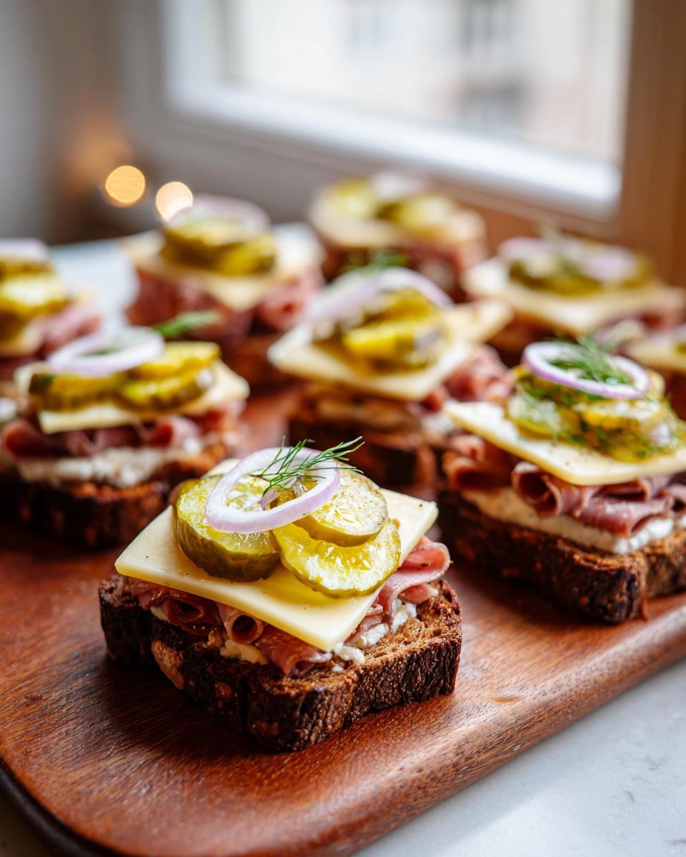 Mehrere belegte Brote für eine Brettljause mit dunklem Brot, Aufschnitt, Käse, Essiggurken und Zwiebelringen.