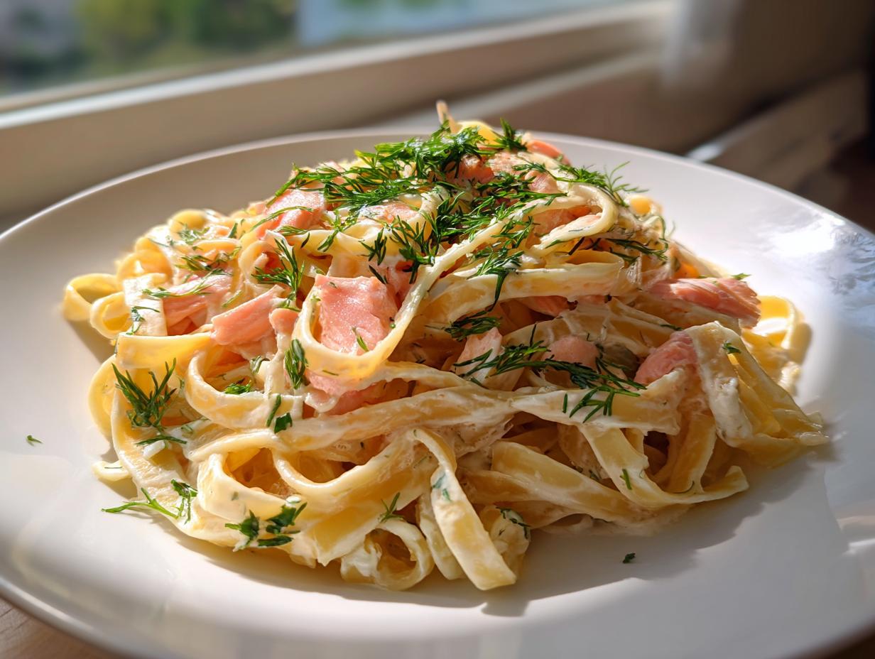 Nahaufnahme einer cremigen Lachspasta mit Bandnudeln, rosa Lachsstreifen und reichlich frischem Dill.