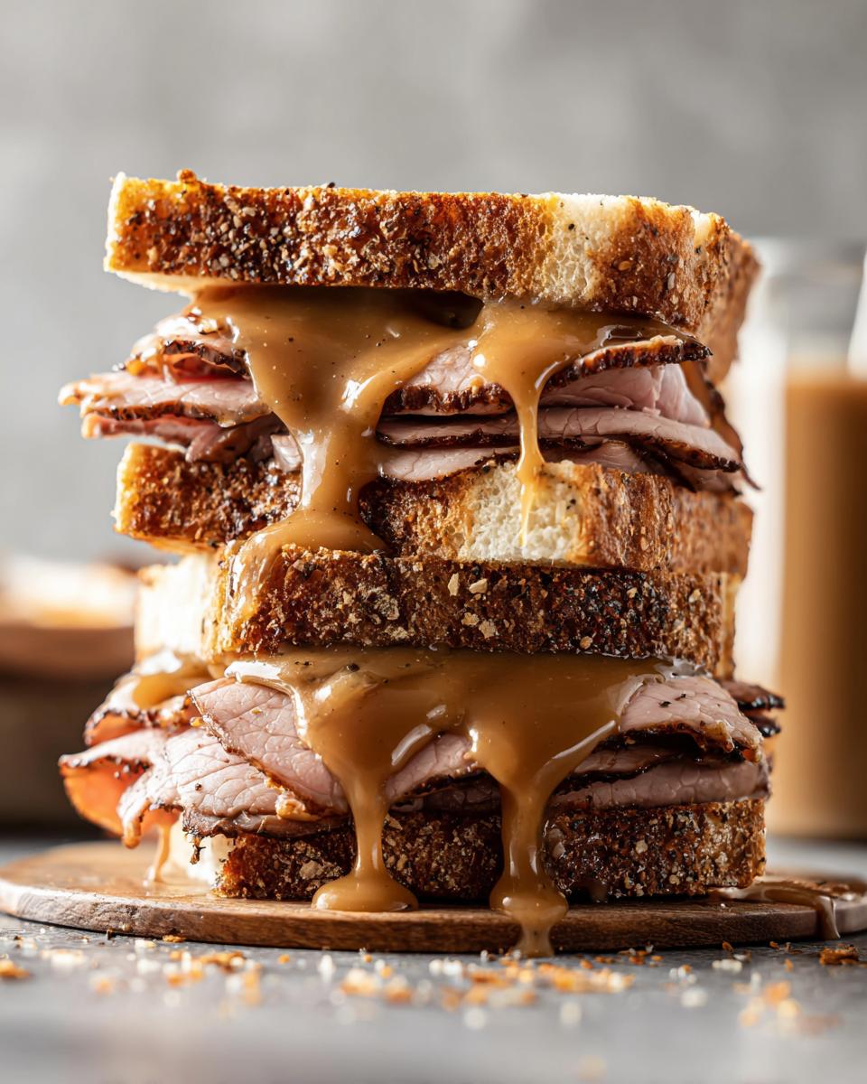 Ein hohes, üppiges Braten-Sandwich mit Bratensauce, das über den Schichten von Roastbeef und getoastetem Brot tropft.