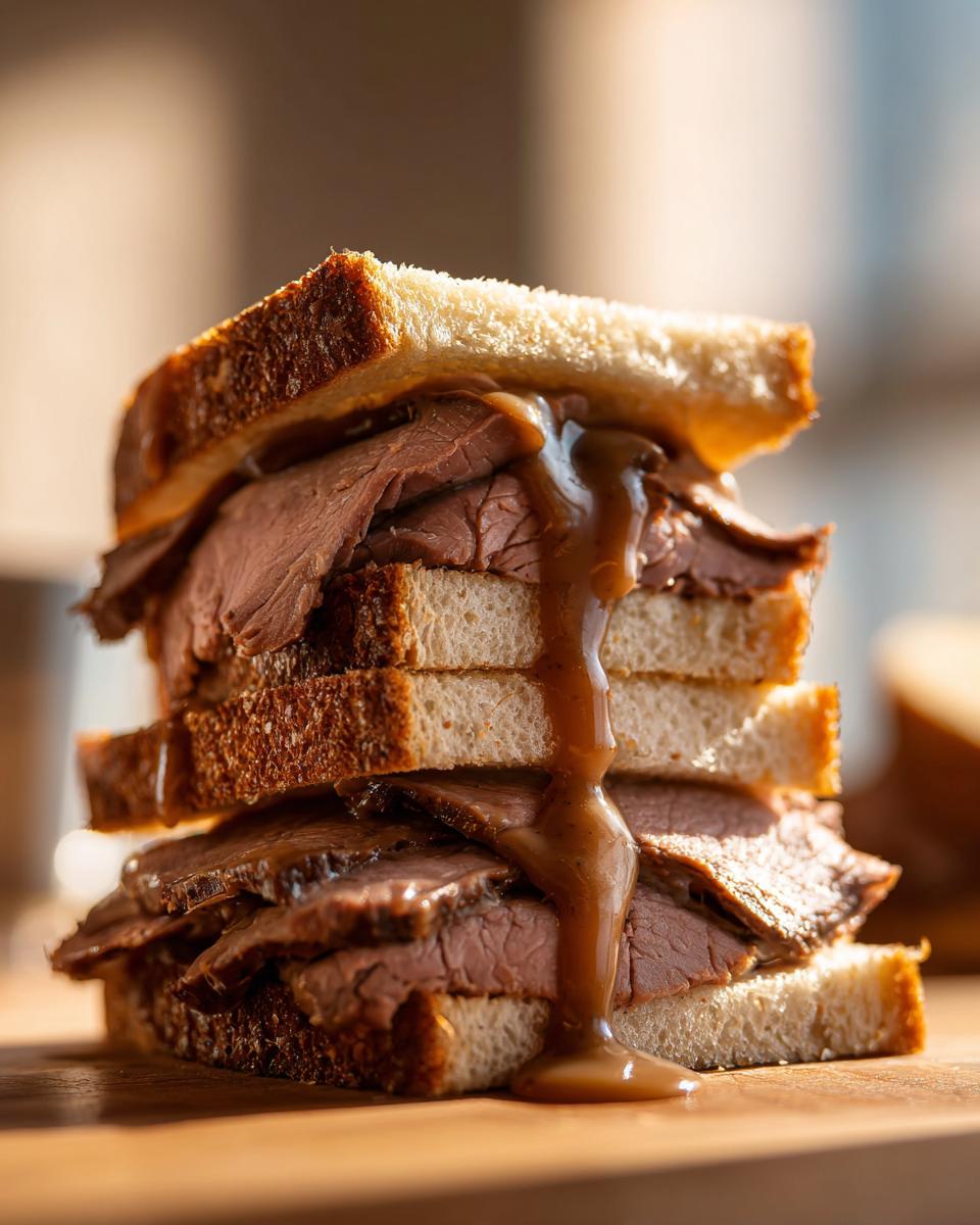 Ein hohes, gestapeltes Braten-Sandwich mit viel Fleisch und Bratensauce, die darüber läuft.