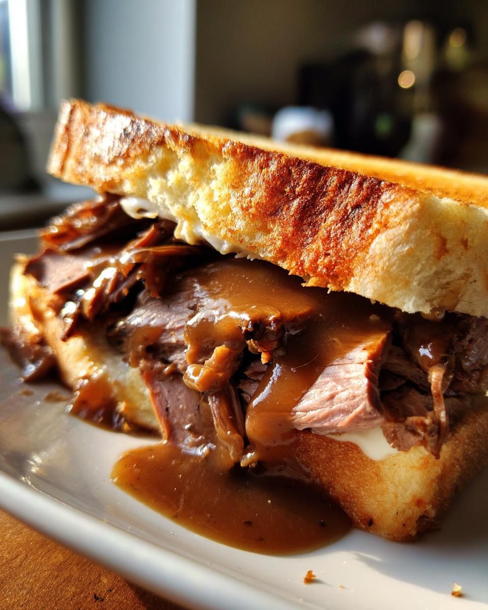 Nahaufnahme eines getoasteten Braten-Sandwich mit viel Fleisch und üppiger Bratensauce, das auf einem Teller serviert wird.