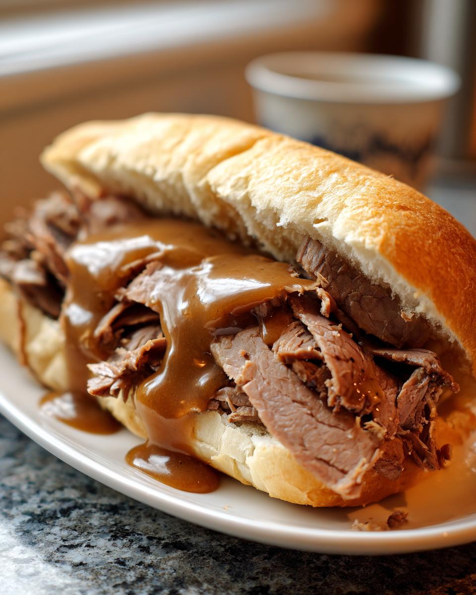 Nahaufnahme eines saftigen Braten-Sandwich mit Bratensauce, gefüllt mit dünn geschnittenem Roastbeef.