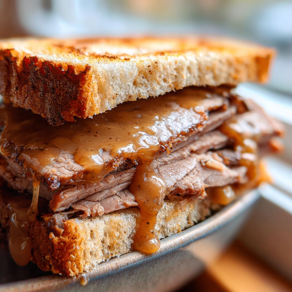 Nahaufnahme eines getoasteten Braten-Sandwich mit dick belegten Fleischscheiben und reichlich Bratensauce.