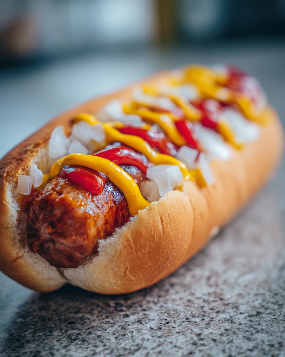 Nahaufnahme eines fertigen Bratwurst-Hotdog deutsch im Brötchen, reichlich belegt mit Ketchup, gelbem Senf und gehackten Zwiebeln.