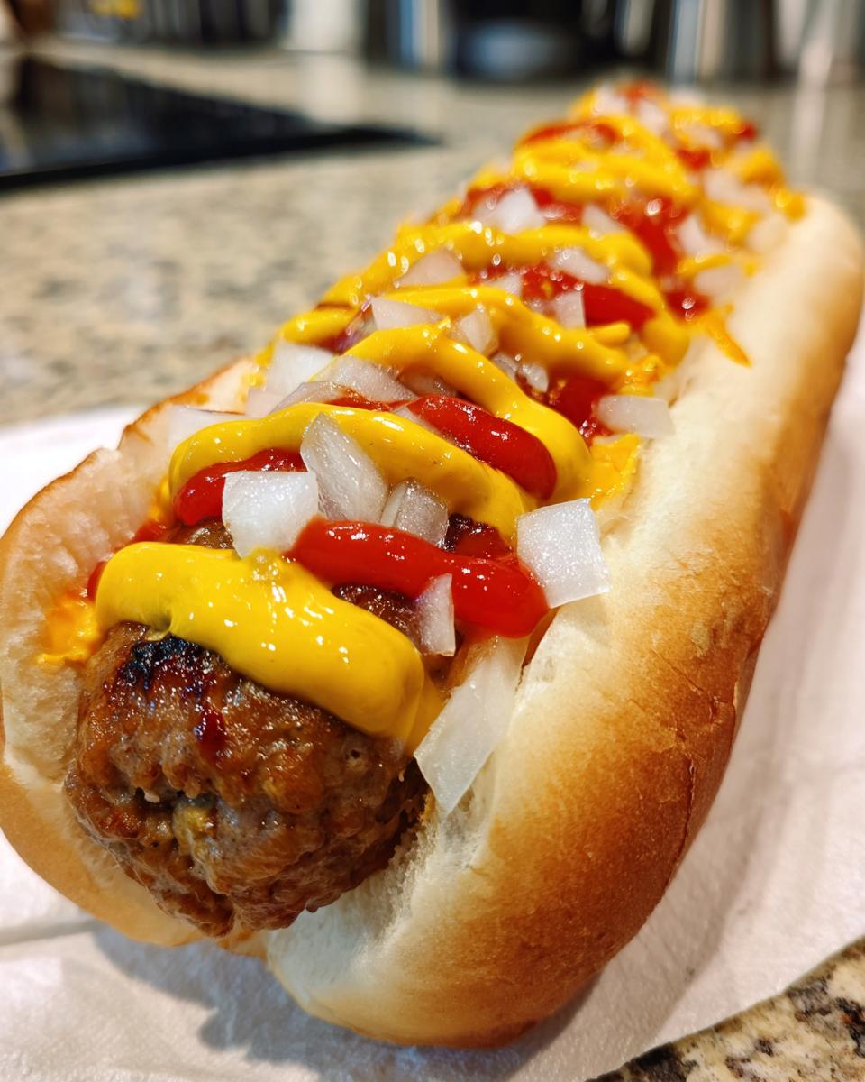 Nahaufnahme eines Bratwurst-Hotdog deutsch im Brötchen, reichlich belegt mit Ketchup, Senf und gewürfelten Zwiebeln.