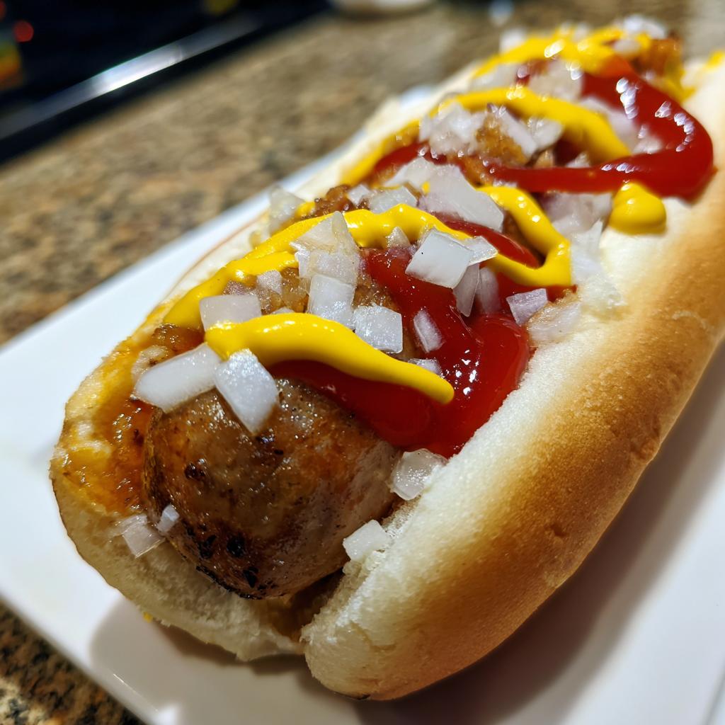 Nahaufnahme eines saftigen Bratwurst-Hotdog deutsch im Brötchen, reichlich belegt mit Ketchup, gelbem Senf und gewürfelten Zwiebeln.
