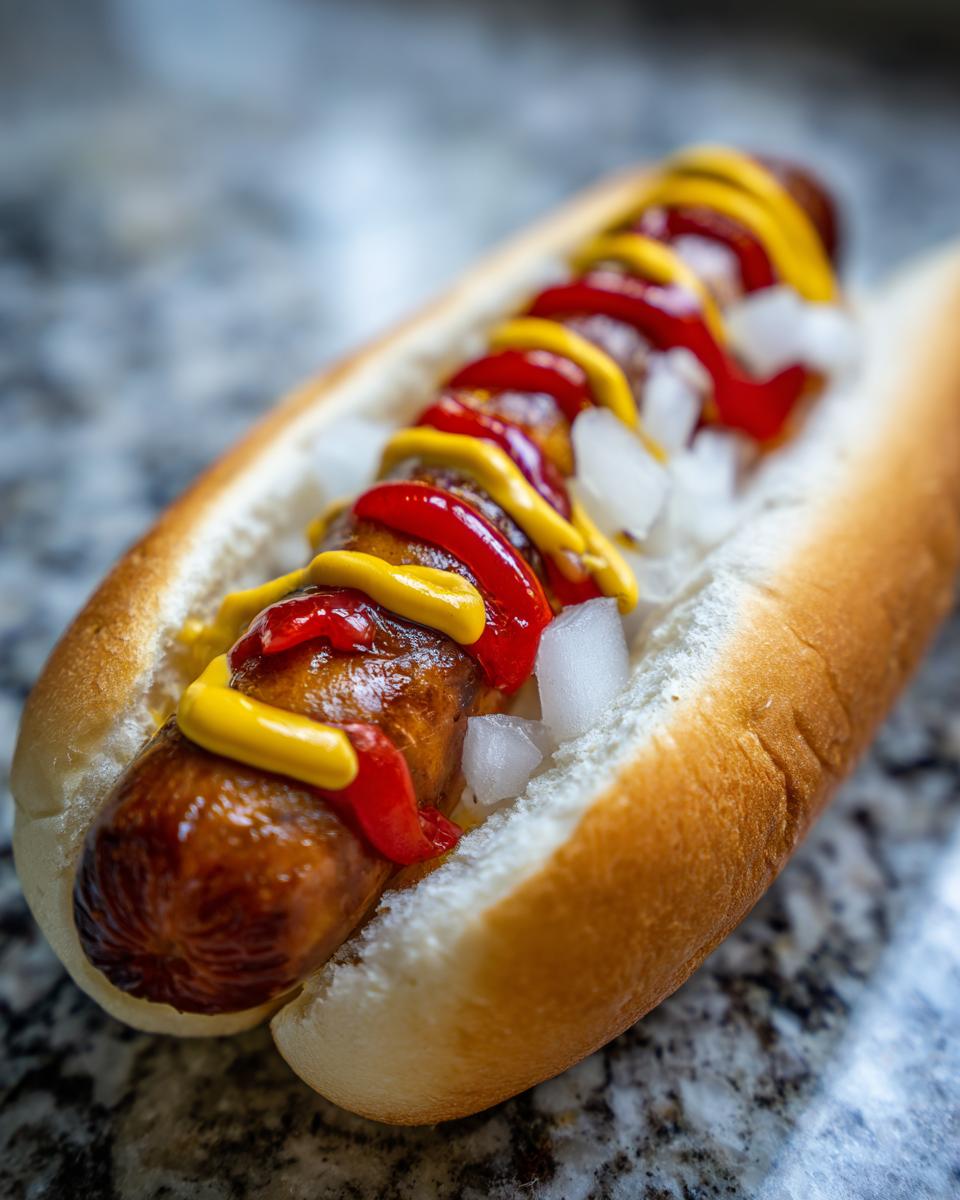 Nahaufnahme eines saftigen Bratwurst-Hotdog deutsch im Brötchen, reichlich garniert mit Ketchup, Senf und Zwiebelwürfeln.