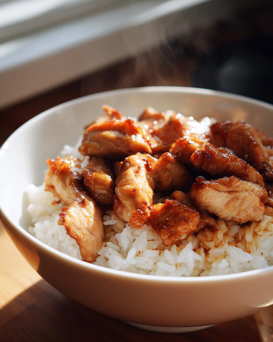Nahaufnahme einer dampfenden Schüssel mit weißem Reis und karamellisiertem Hähnchen – der perfekte Chicken-Rice-Bowl.