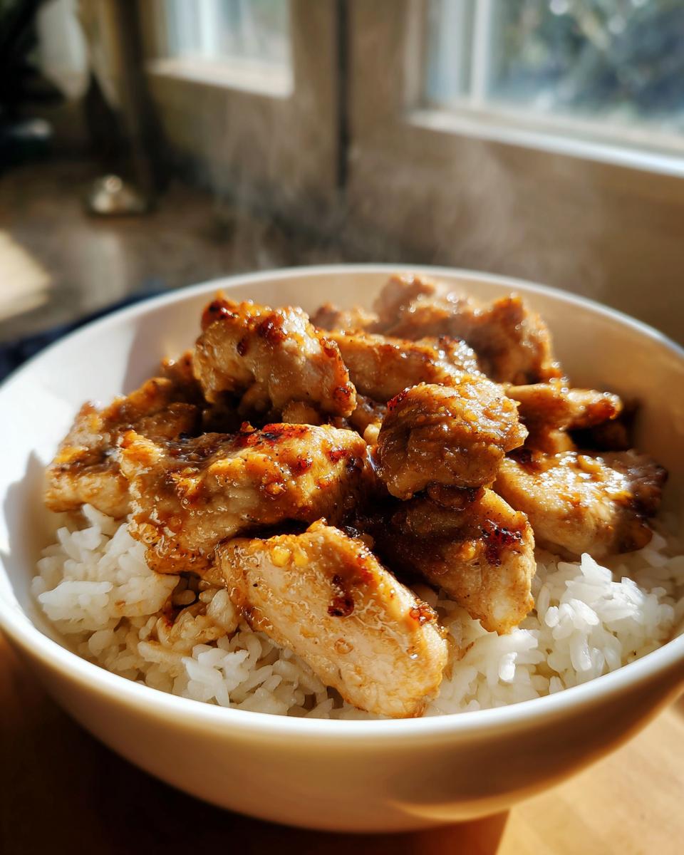 Nahaufnahme einer dampfenden Chicken-Rice-Bowl mit saftigen Hähnchenstücken auf lockerem Reis.