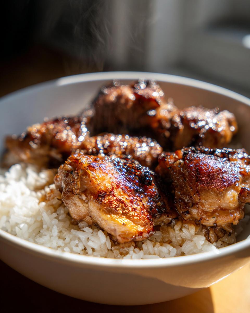 Nahaufnahme einer dampfenden Chicken-Rice-Bowl mit saftigem, glasiertem Hähnchen auf weißem Reis.