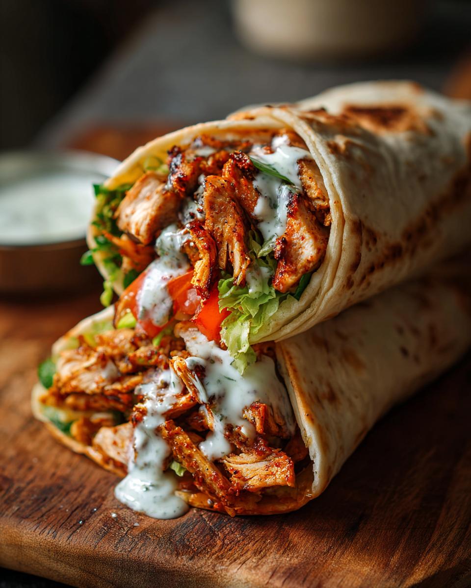 Zwei gestapelte Chicken Shawarma Wraps gefüllt mit mariniertem Hähnchen, Salat, Tomaten und viel Joghurtsauce.
