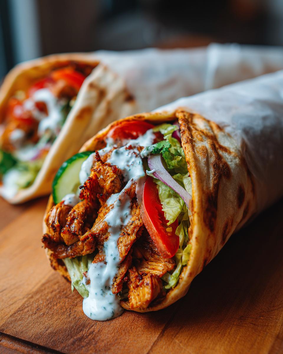 Nahaufnahme eines perfekt gefüllten Chicken Shawarma Wrap mit mariniertem Hähnchen, Salat, Tomaten und viel weißer Joghurtsauce.
