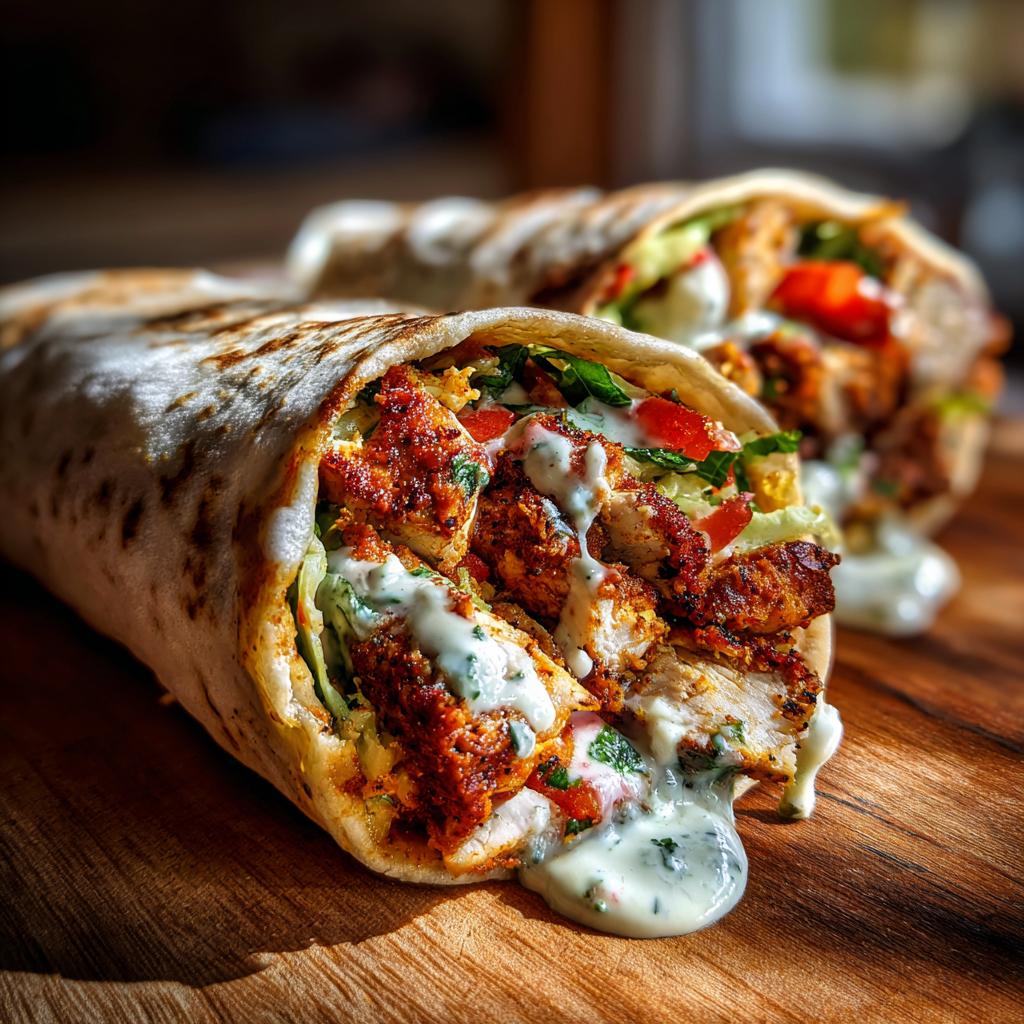 Nahaufnahme von zwei saftigen Chicken Shawarma Wraps, gefüllt mit gewürztem Hähnchen und viel weißer Soße.