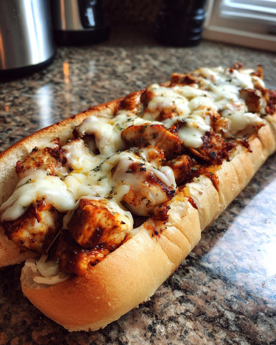 Ein frisch zubereitetes Chicken Sub mit Käse, gefüllt mit gewürzten Hähnchenstücken und geschmolzenem Käse.