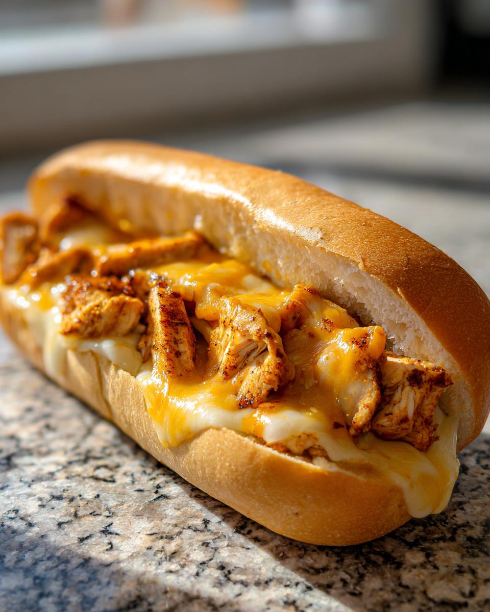Nahaufnahme eines saftigen Chicken Sub mit Käse, gefüllt mit gewürzten Hähnchenstücken und geschmolzenem Käse.