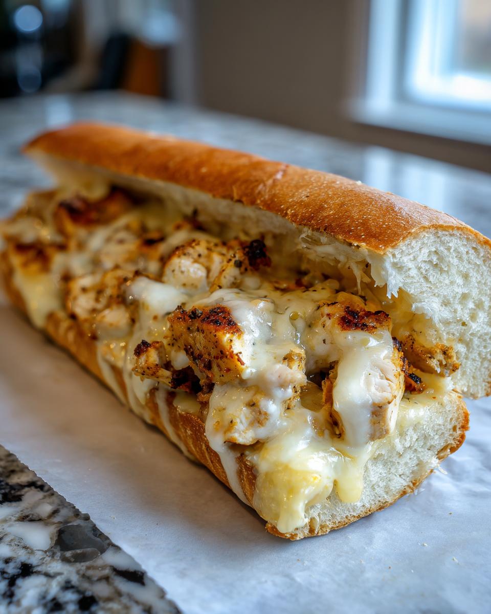 Nahaufnahme eines frisch gebackenen Chicken Sub mit Käse, gefüllt mit gewürzten Hähnchenstücken und geschmolzenem Käse.
