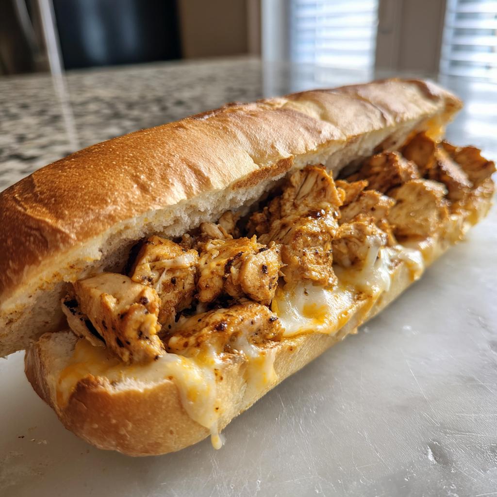 Nahaufnahme eines aufgeschnittenen Baguettes gefüllt mit gewürzten Hähnchenstücken und geschmolzenem Käse, das perfekte Chicken Sub mit Käse.