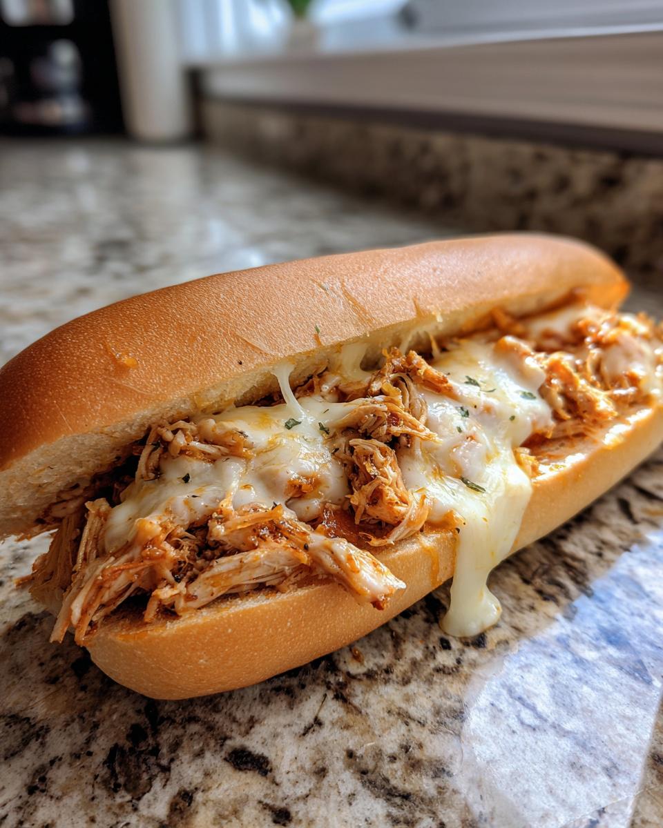 Ein saftiger Chicken Sub mit Käse, gefüllt mit zerkleinertem Hähnchen und geschmolzenem Käse.