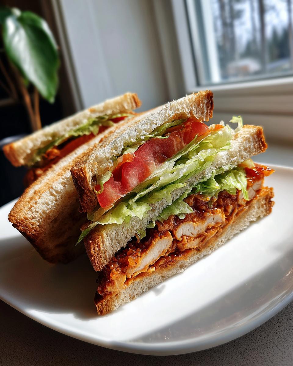Nahaufnahme eines aufgeschnittenen Chicken-Teriyaki-Sandwich mit knusprigem Toastbrot, saftigem Hähnchen und frischem Salat.