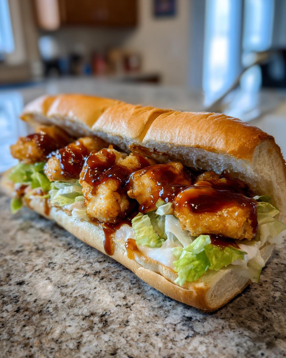 Ein saftiges Chicken Teriyaki Sandwich mit knusprigem Hähnchen, Teriyaki-Sauce und Salat auf einem Granit-Tisch.