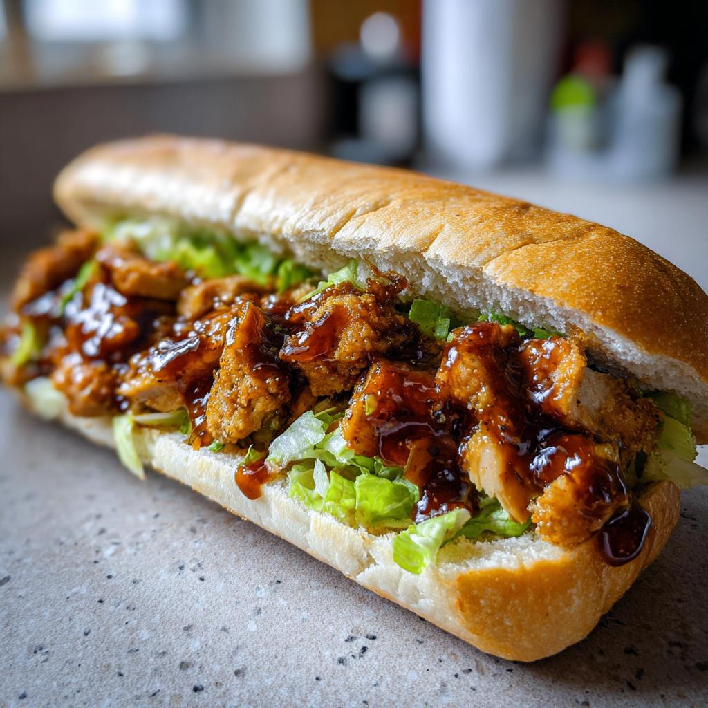 Nahaufnahme eines saftigen Chicken Teriyaki Sandwich mit knusprigen Hähnchenstücken und Teriyaki-Sauce auf Salat.