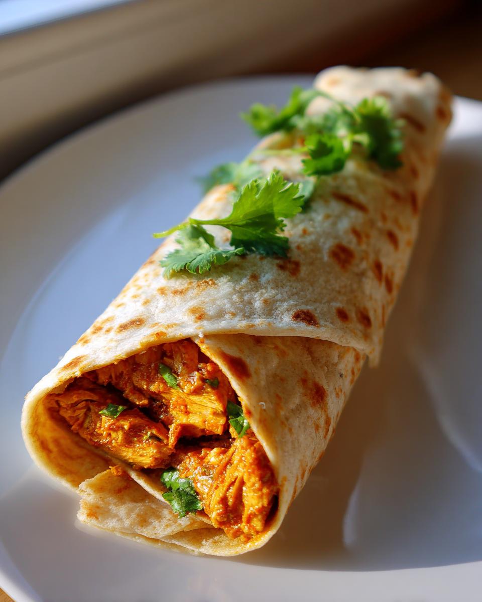 Nahaufnahme eines fertig gerollten Chicken-Tikka-Wrap mit saftiger Füllung und frischem Koriander obenauf.