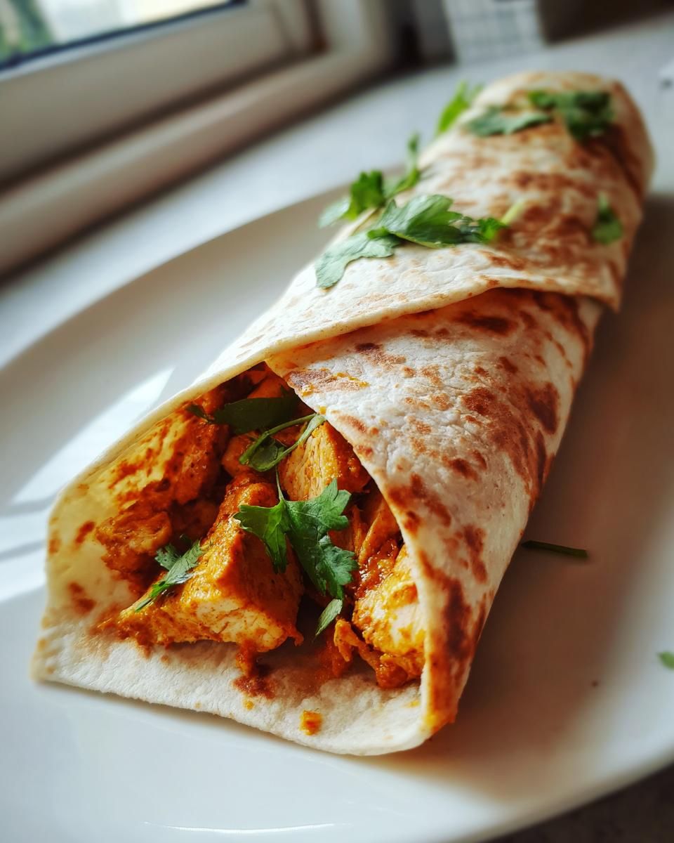 Nahaufnahme eines fertig gerollten Chicken-Tikka-Wrap, gefüllt mit würzigem Hähnchen und frischem Koriander.