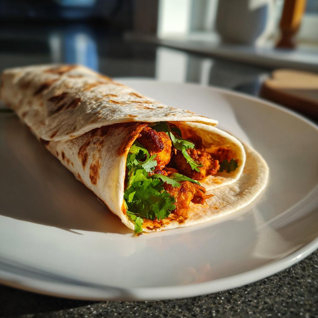 Nahaufnahme eines fertig gerollten Chicken-Tikka-Wrap, gefüllt mit würzigem Hähnchen und frischem Koriander, auf einem weißen Teller.
