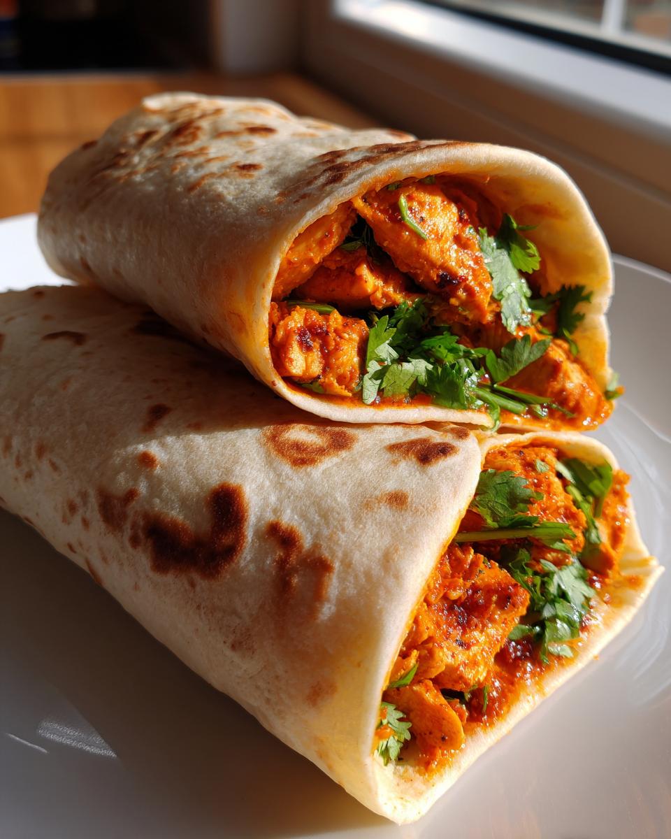 Nahaufnahme von zwei gestapelten Chicken-Tikka-Wraps, gefüllt mit würzigem Hähnchen und frischem Koriander.