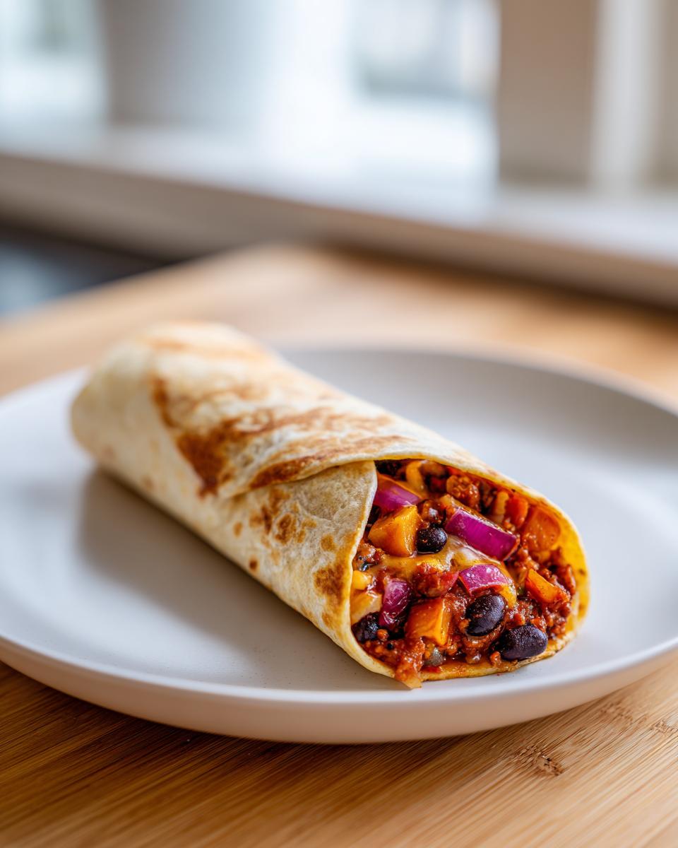 Nahaufnahme eines fertig gerollten Chorizo-Burrito, gefüllt mit Fleisch, Bohnen und roten Zwiebeln.